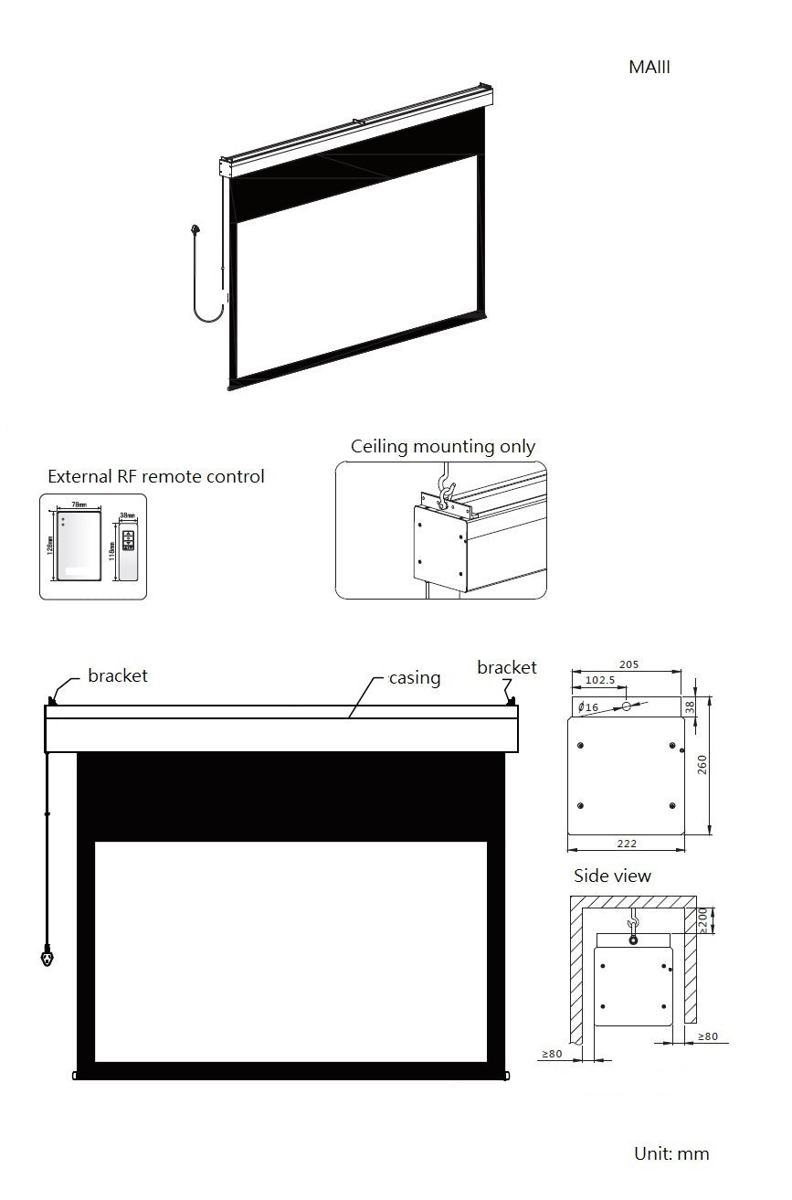 Sapphire Electric Screen Radio Frequency 16:10 Format Viewing Area 6000mm x 3750mm (not channel fix) Approx Case Dimensions L 6390mm x H 232mm x D 217mm