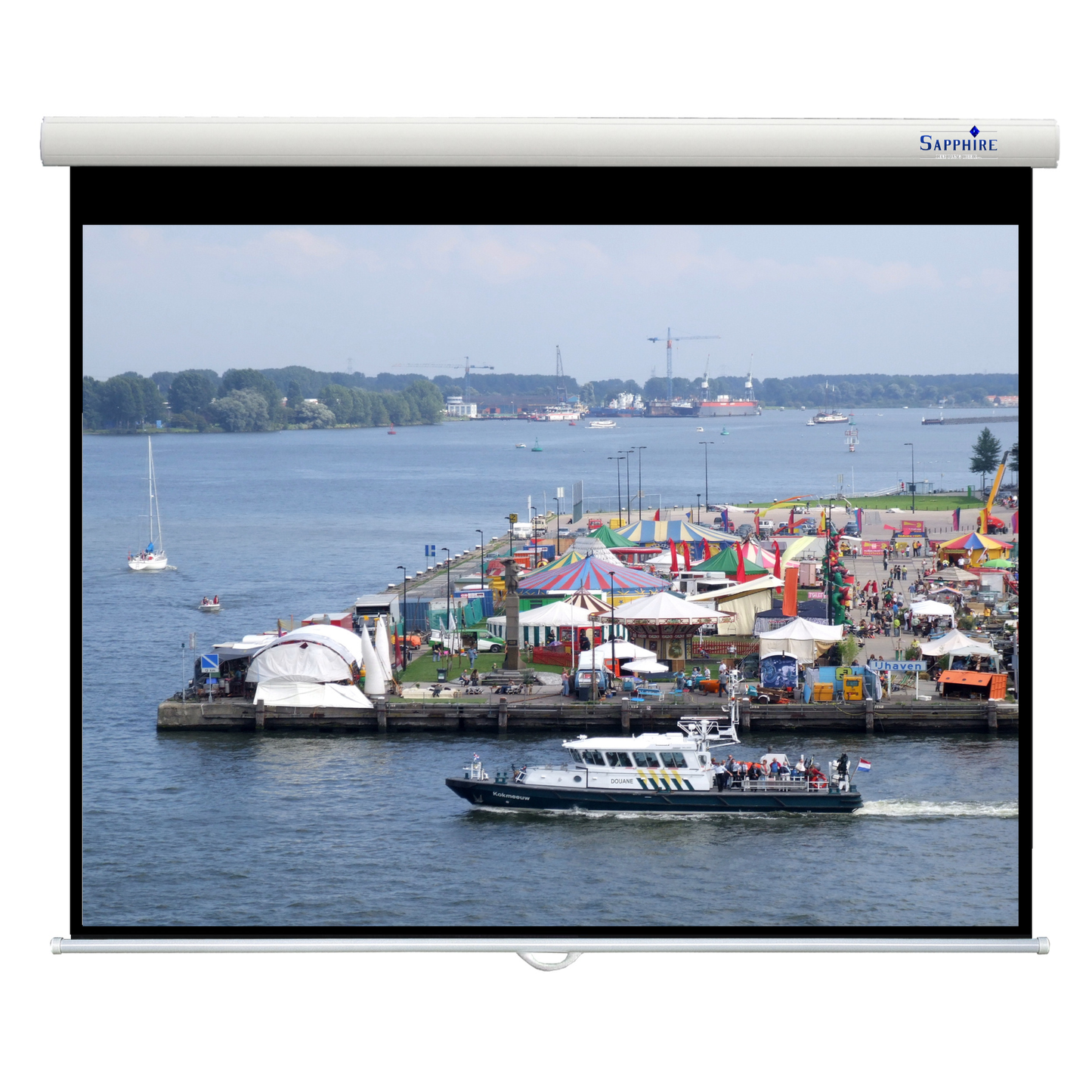 Sapphire Aluminum Slow Retraction Manual Screen 4:3 Format Viewing Area 2030mm x 1520mm with channel fix brackets Approx Case Dimensions L 2204mm x H 93mm x D 79mm