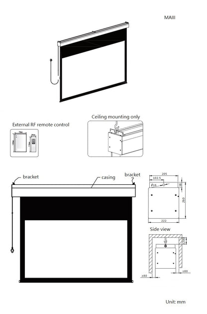 Sapphire Electric Screen Radio Frequency 16:10 Format Viewing Area 6000mm x 3750mm (not channel fix) Approx Case Dimensions L 6390mm x H 232mm x D 217mm