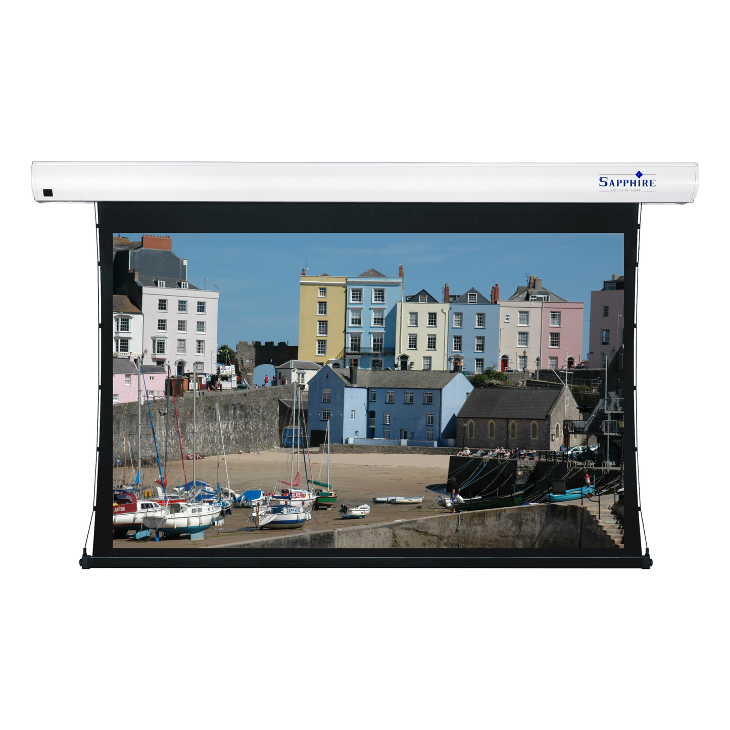 Sapphire Tab Tension Electric REAR Projection Infra Red Screen 16:10 Format Viewing Area 2346mm x 1466mm Approx Case Dimensions L 2834mm x H 134mm x D 135mm
