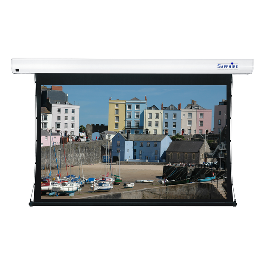 Sapphire Tab Tension Electric REAR Projection Infra Red Screen 16:10 Format Viewing Area 3498mm x 2181mm Approx Case Dimensions L 3988mm x H 143mm x D 135mm