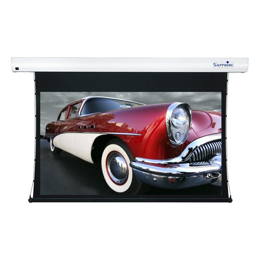 Sapphire Tab Tension Electric REAR Projection Infra Red Screen 16:9 Format Viewing Area 3498mm x 1967mm Approx Case Dimensions L 3988mm x H 143mm x D 135mm