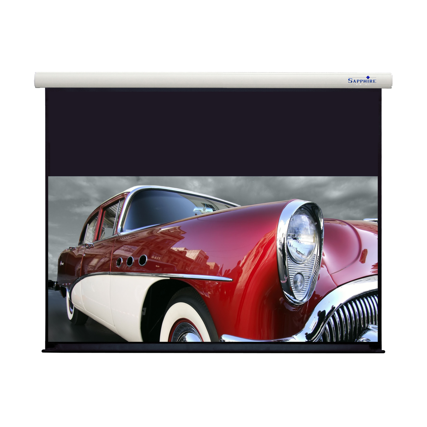 Sapphire Electric Screen Radio Frequency 16:9 Format Viewing Area 3495mm x 1966 Approx Case Dimensions L 3795mm x H 156mm x D 150mm inc Brackets