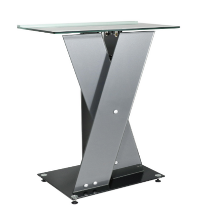 Glass top table with a black metal base on a white background