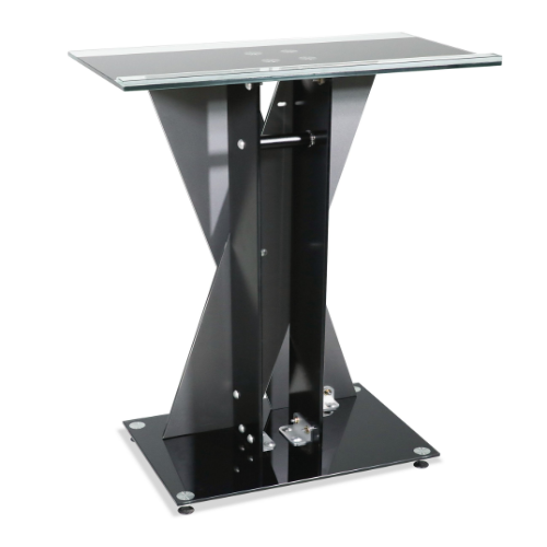 Black glass stand with a reflective surface on a white background